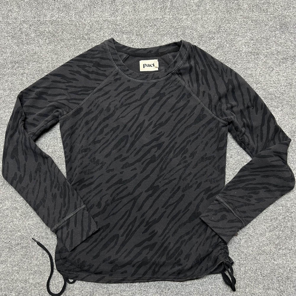 Pact Shirt Womens XS Black Animal Print Raglan Long Sleeve Tee Drawstring Hem